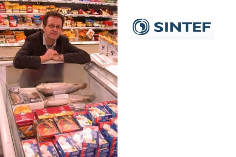 Klimavennlig kjøling: Seniorforsker Petter Nekså og kollegene hans ved SINTEF og NTNU har sin del av æren for denne frysedisken  den første i Norge som utelukkende er basert på CO2-teknologi. Foto: SINTEF/Svein Tønseth