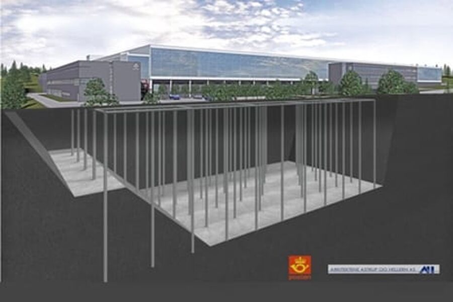 Grunn geoenergi handler om å bore ned til maks ca 300 meters dyp for å utnytte lagret solenergi. Tegningen viser et eksempel på dette - den nye postterminalen på Lørenskog, som får et hypermoderne geoenergianlegg. (Illustrasjon: Posten Norge)