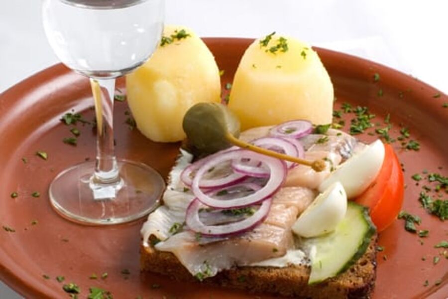 Godt følge på bordet: Sursild, grovt brød og en vodka av høy kvalitet i stort glass, uten blandet med noe annet. Foto: Demonike/Dreamstime.com.