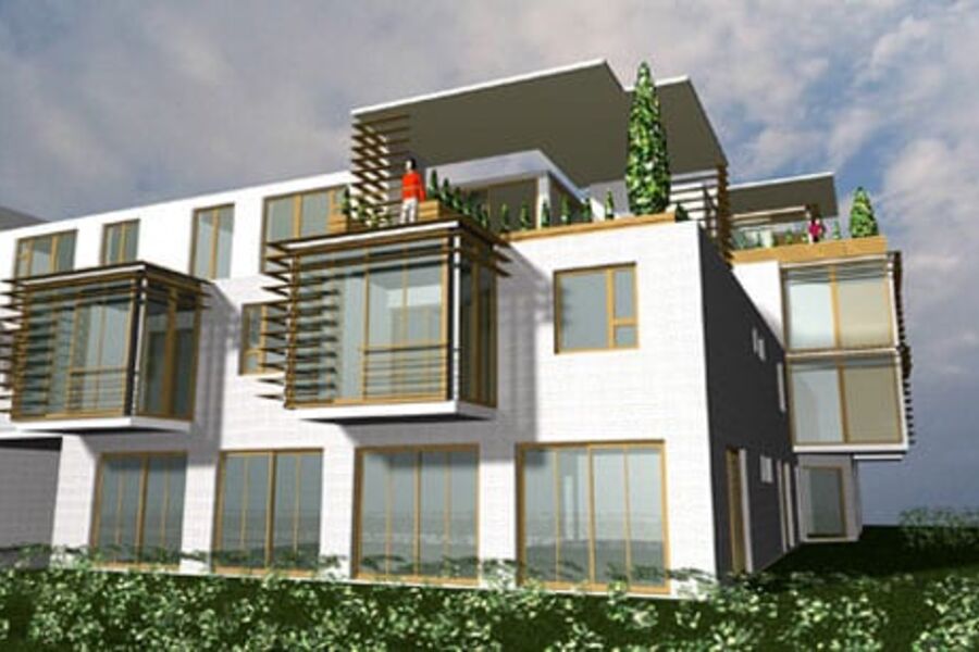 Illustrasjonsfoto fra et Passivhus i Kristiansand.Dette prosjektet har en svært høy miljøprofil, og Tor Helge Dokka i Sintef mener dette er det mest miljøvennlige byggeprosjektet i Norge for tiden.Tegning av sivilarkitekt Gunnar Knutsen AS.