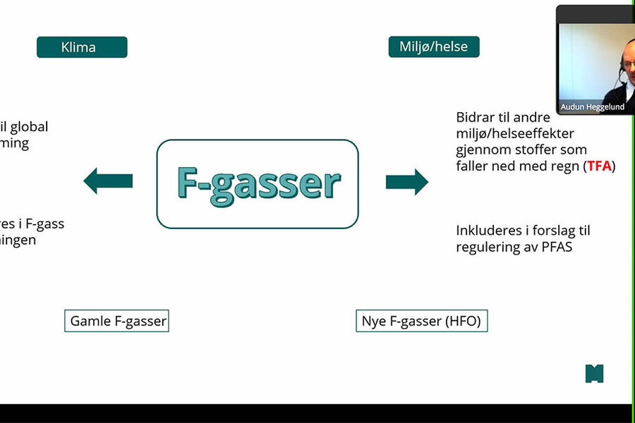 Klimapåvirkningen av gamle f-gasser reguleres av f-gass-forordningen, mens en del nye brytes raskt ned og vil bli omfattet av PFAS-regulering, påpekte Audun Heggelund på nettseminar om kuldemedier.