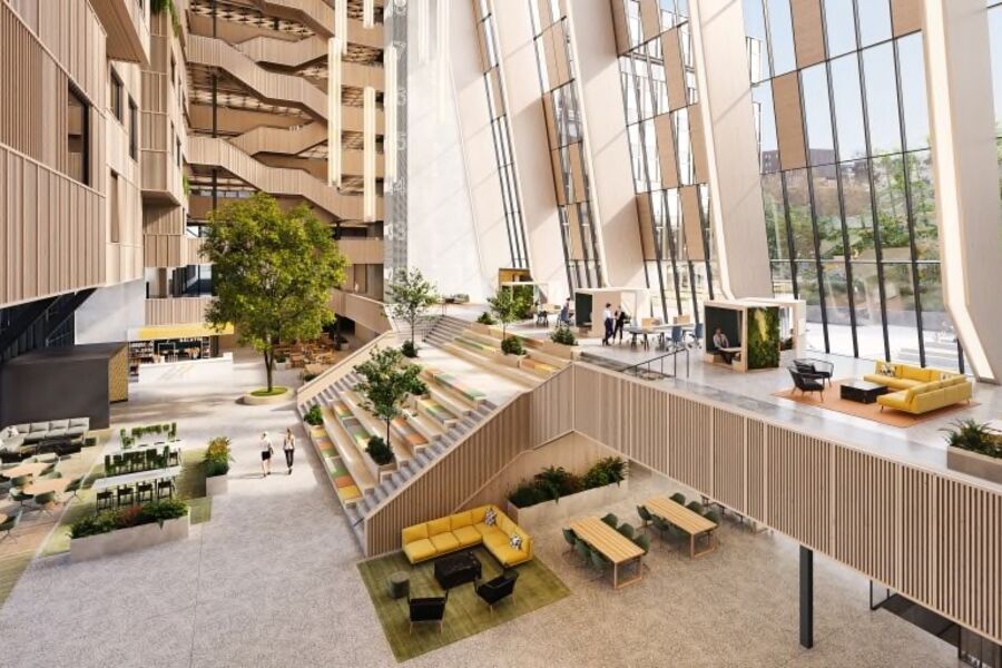 De enorme volumene, og spesielt glasshallen med 35 meters takhøyde stille store krav til alt som har med ventilasjon, varme og kjøling å gjøre. (Foto: Contruction City Eiendom).