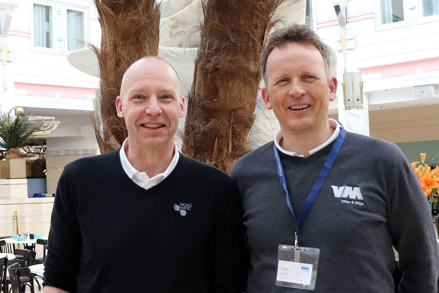 Torkild Bøe i Micro Matic og Steffen Bjerkvoll i Vifter & Miljø har vært med i Klimaleverandørene siden starten i år 2000. Nå er de glade for å komme i gang igjen etter to år med pandemi og full stopp i konferansevirksomheten.