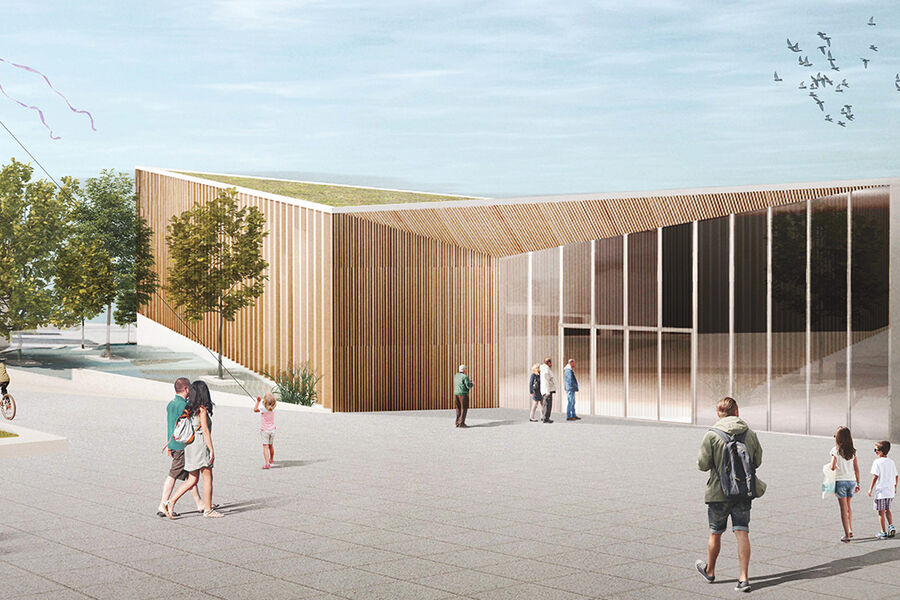 Stovner bad blir et moderne bydelsbad som vil gi gode muligheter for svømmeopplæring, trening, konkurranser og lek. Dette er en foreløpig arbeidsskisse av prosjektet. Illustrasjon: Dyrø og Moen Arkitekter / Oslobygg KF