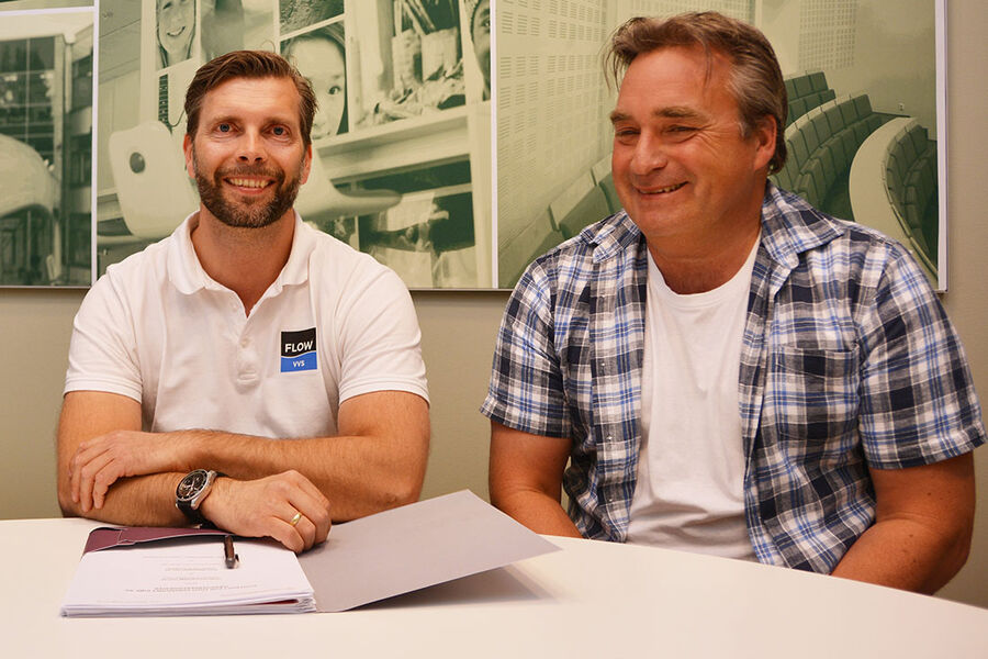 På bildet ser vi fra venstre, Joakim Arnesen (FLOW Meisingset VVS, Salgs- og markedsansvarlig) Geir Tunaal (FLOW Meisingset VVS, Avdelingsleder- drift og vedlikehold)