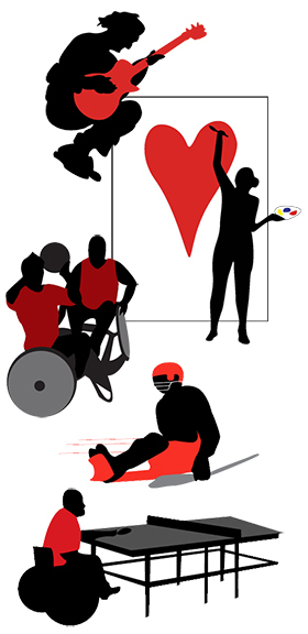 Collage av illustrasjoner av fem forskjellige aktiviteter