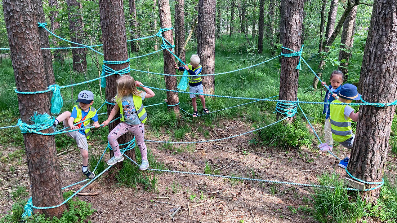 Barn som klatrer og balanserer på tau i skogen