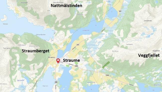 Planområdets beliggenhet i Bø kommune, fremhevet med rød markering