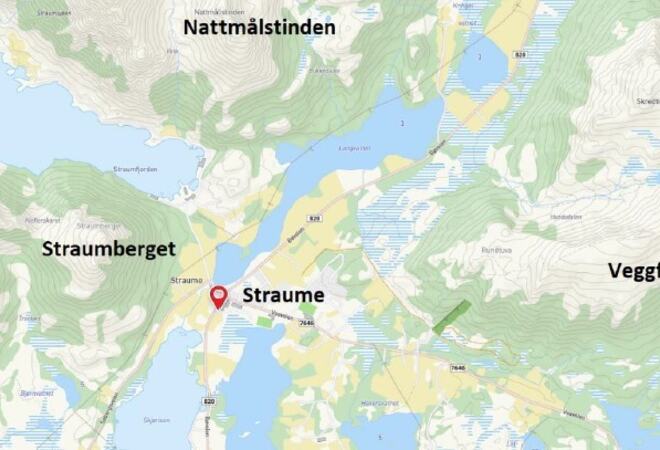 Planområdets beliggenhet i Bø kommune, fremhevet med rød markering