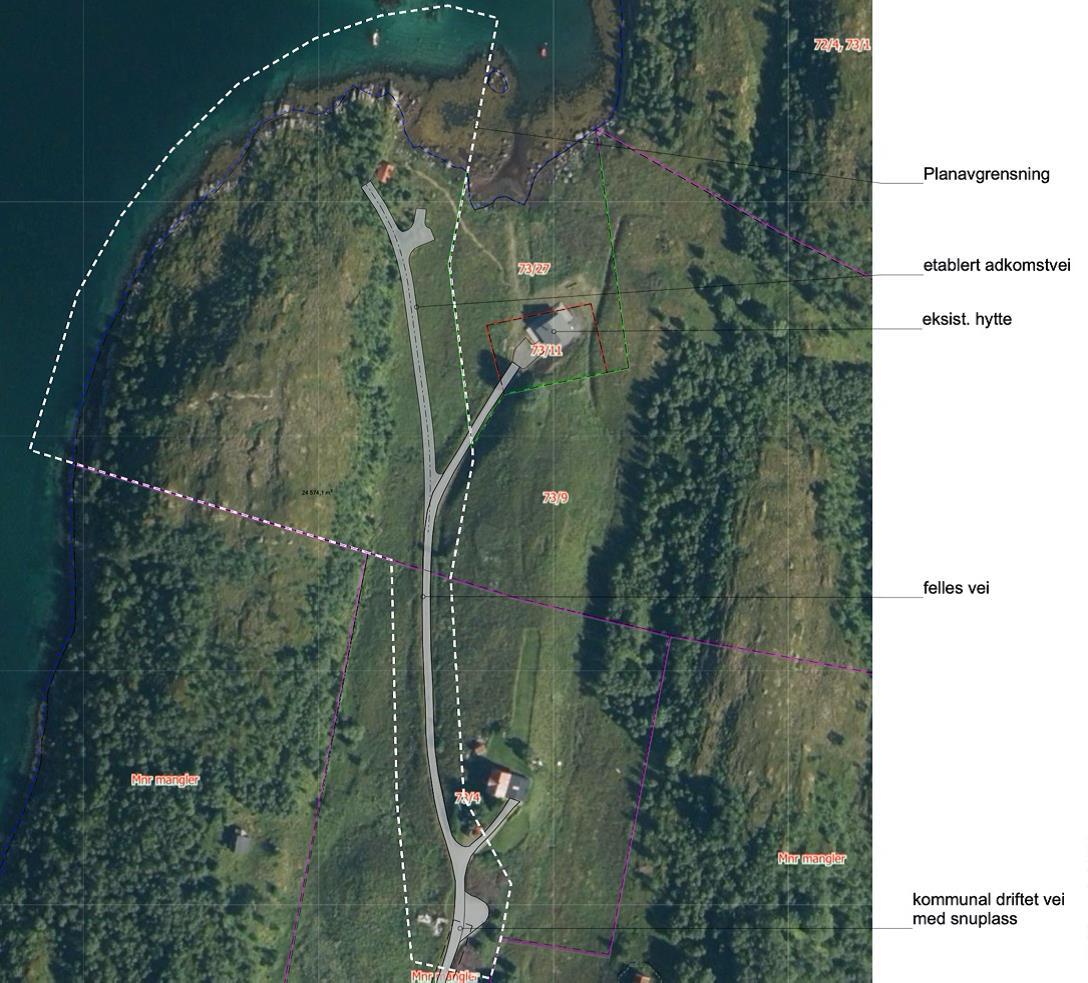 Flyfoto over området (kommunekart.com). Planens avgrensning hvit stiplet linje