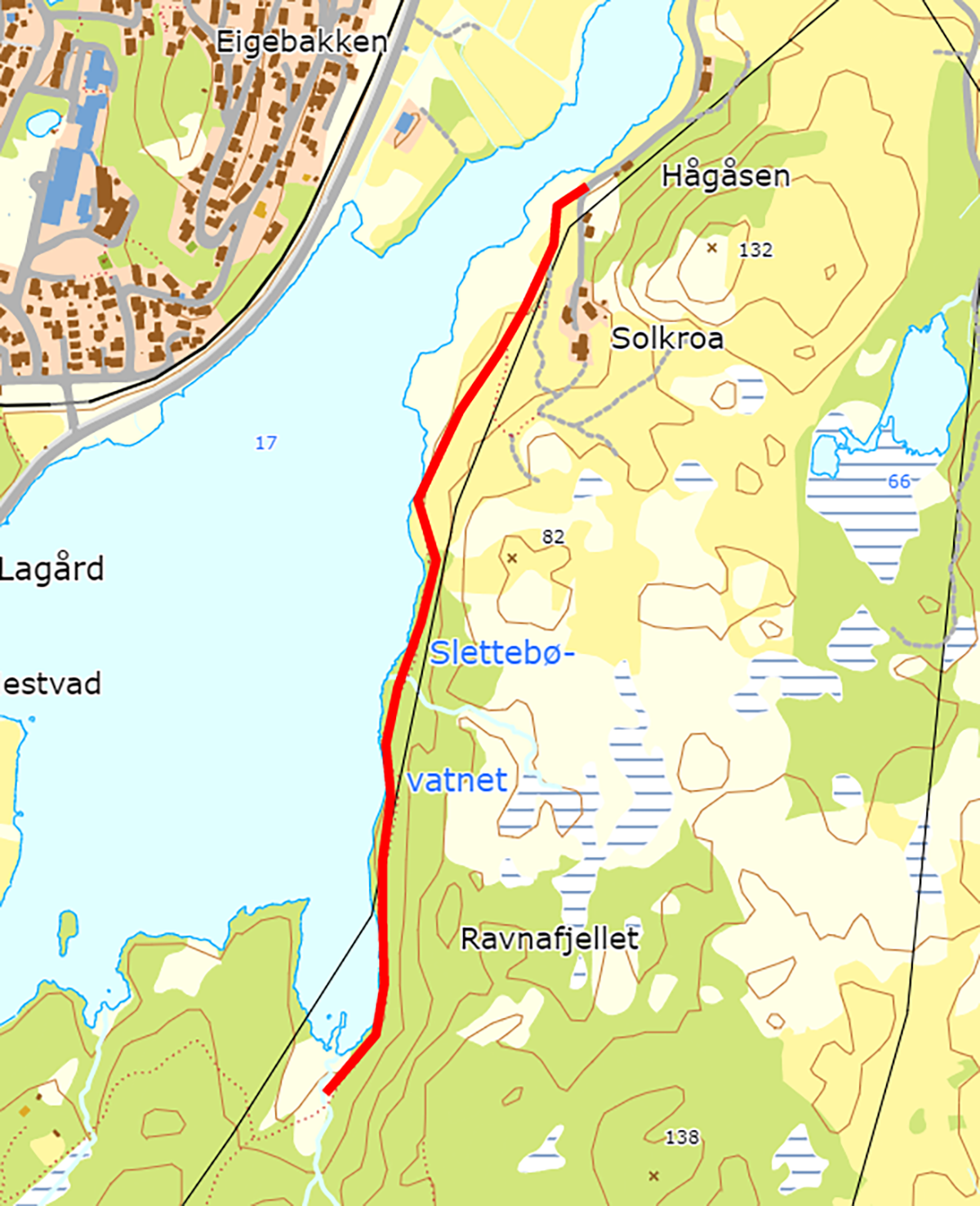 Kart som viser stien langs Slettebøvannet