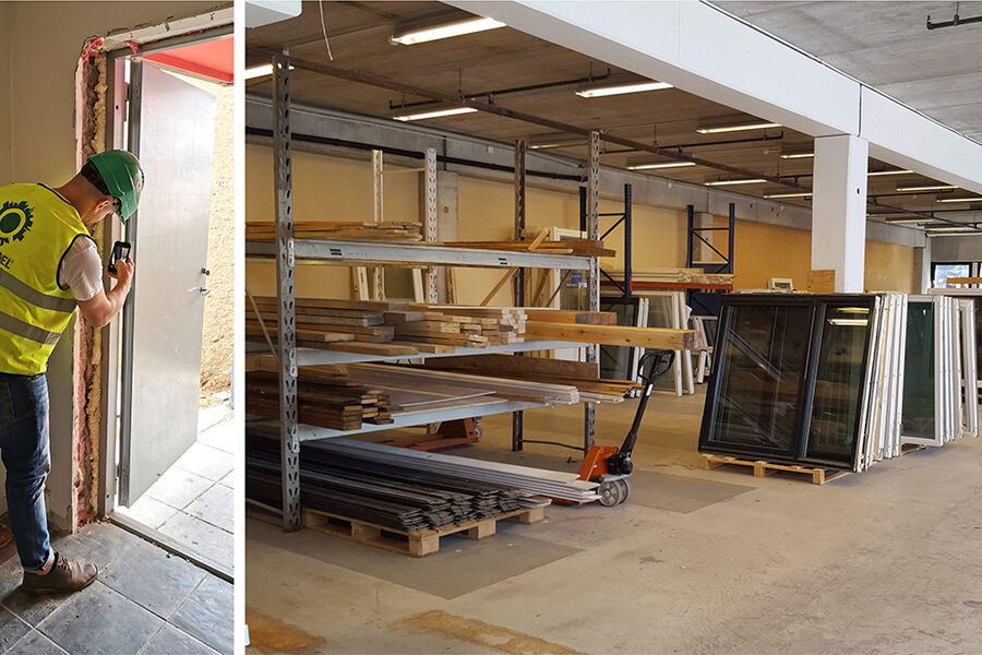 Her gjennomføres ombrukskartlegging av bygning for å identifisere bygningskomponenter som er egnet for ombruk. Gjenbrukbare komponenter mellomlagres for ombruk. Foto: Resirqel AS