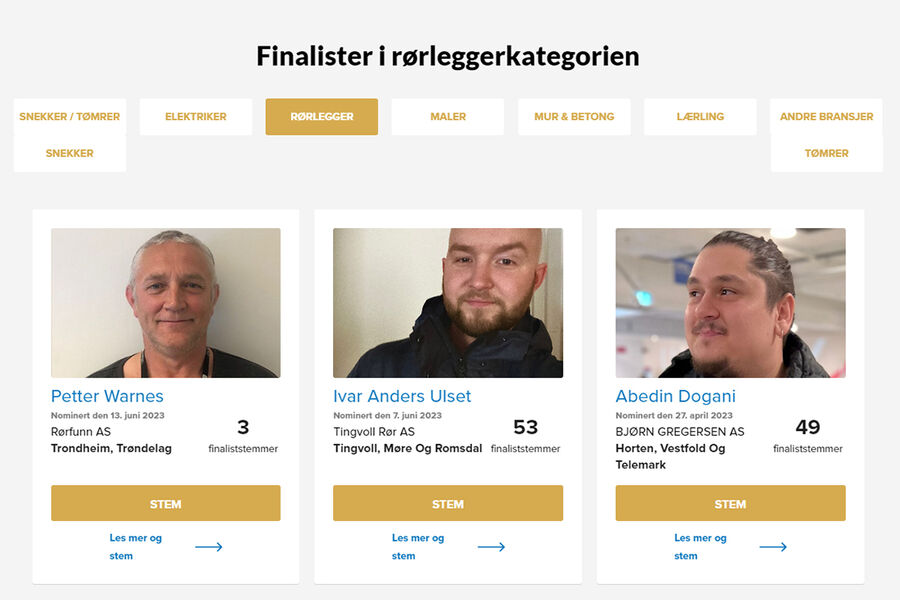 Disse rørleggerne er med i finalen om å bli Norges Hyggeligste Håndverker. Fra venstre, Petter Warnes, Rørfunn AS, Trondheim, Ivar Anders Ulset, Tingvoll Rør AS, Tingvoll,og Abedin Dogani, Bjørn Gregersen AS, Horten.