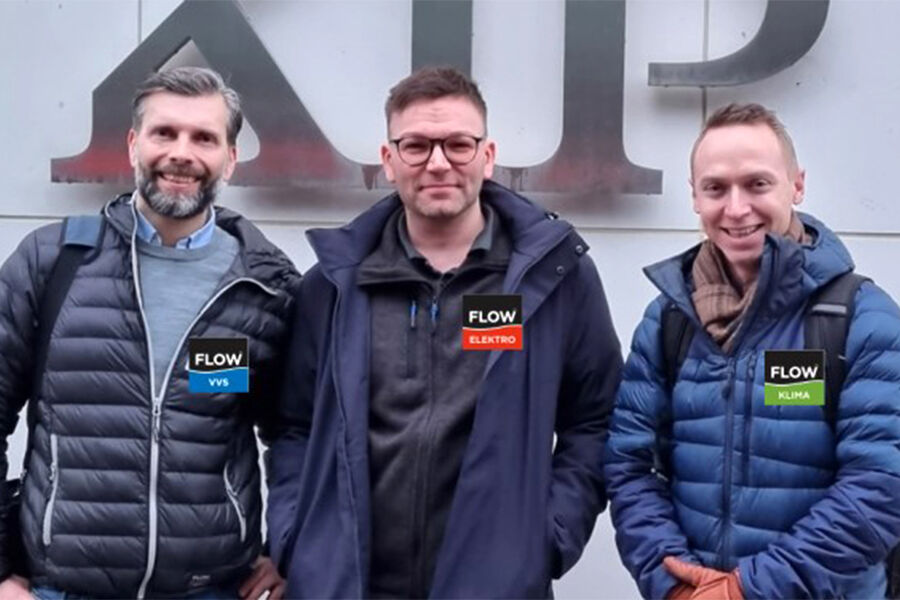 Tre fornøyde karer som representerer hvert sitt FLOW-selskap i avtalen med KLP Eiendom. Fra venstre, salgs -og markedsansvarlig Joakim Arnesen, FLOW Meisingset VVS, Johan Edlund, daglig leder i FLOW Elektro Oslo Vest, og Mathias Spolèn Erstad, daglig leder i FLOW Klima Oslo.