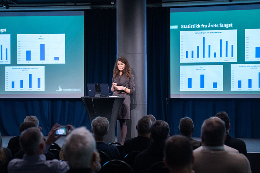 Daglig leder i Grønn Byggallianse, Katharina Th. Bramslev presenterte resultatene fra Fang energityven på Grønn driftskonferanse 14. november