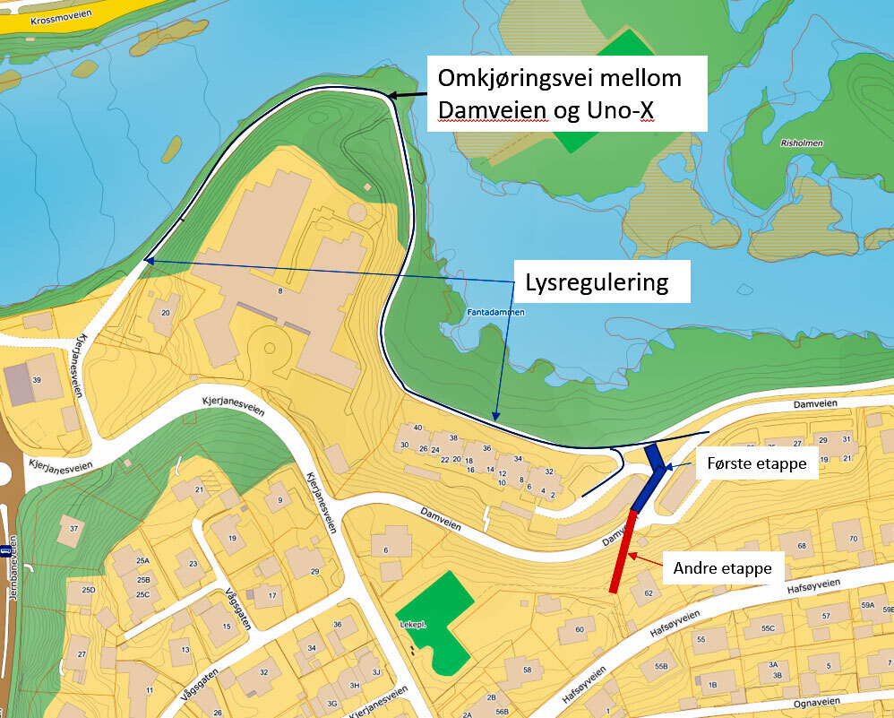 Kart som viser omkjøringsveien rundt Kjerjaneset