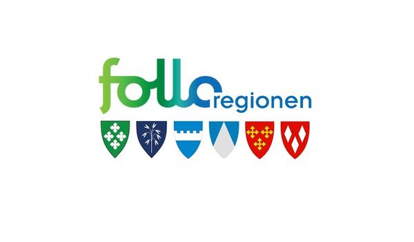 Logoen til Folloregionen, og kommunevåpnene til alle kommunene