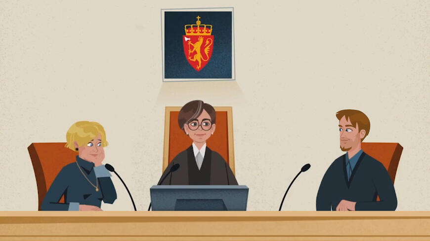 Dommer og meddommer i en rettsal. Tegning.