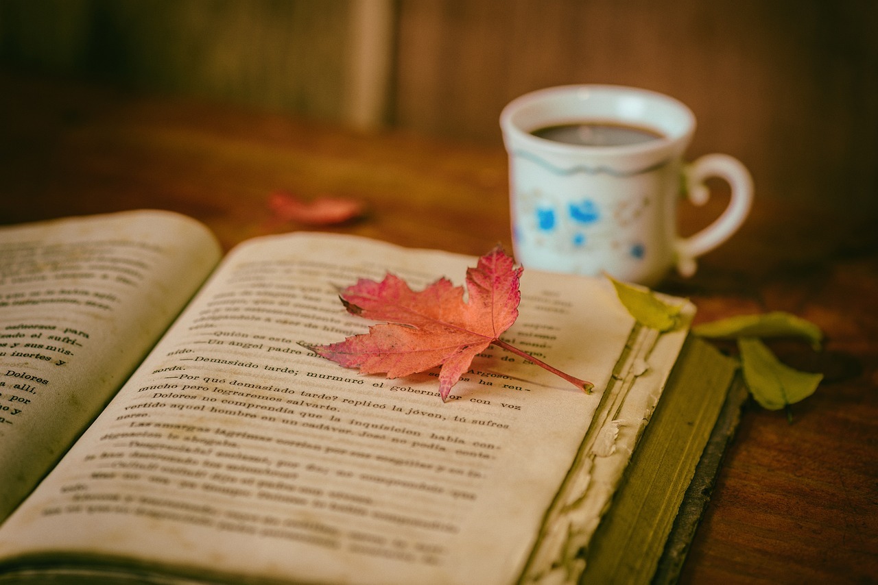 Høstløv på ei bok og en kopp te