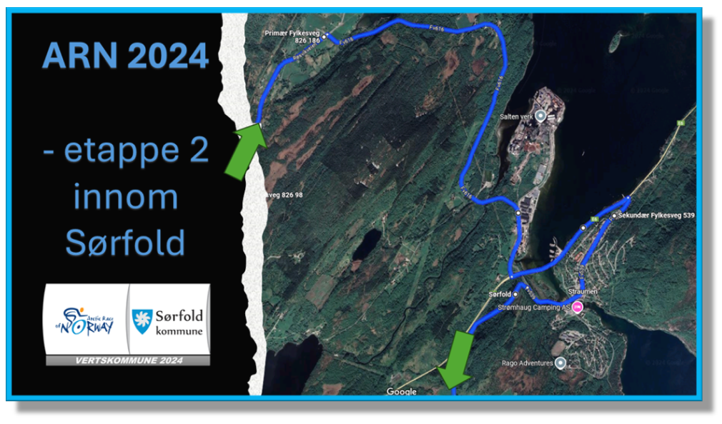 Kart med rute for Arctic Race i Sørfold