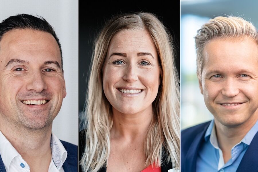 Fra venstre: Leonard Celegin i Schneider Electric, hotellsjef Ina Rismyhr ved Hotel Norge og kommunikasjonsdirektør Stian Thorsrud i OneCo. Fotokred: Schneider Electric / Thon Hotels / OneCo. Ingvild Fylling