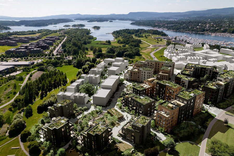 Oversiktsbilde fra prosjektområdet på Storøykilen, Fornebu. Illustrasjon: AF Gruppen