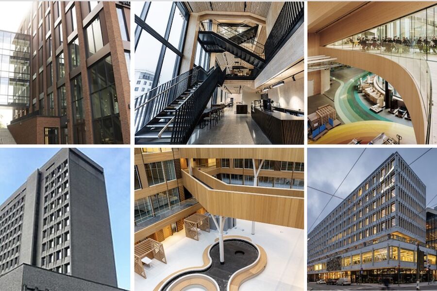 Fra øverst til venstre: ALO, Spor X, The Plus, Bergen rådhus, Kommunegården og Stortorvet 7 | Foto: HUS arkitekter/NYG/Einar Aslaksen/Wikimedia/Insenti AS/Vedal