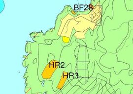 Utsnitt fra kommunedelplan for fritidsbebyggelse. Nye utleiehytter skal plasseres innenfor områdene BF28 og HR3 i Dyrnes.