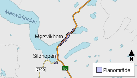 Kartustnitt over Mørsvikbotn med inntegnet planområde