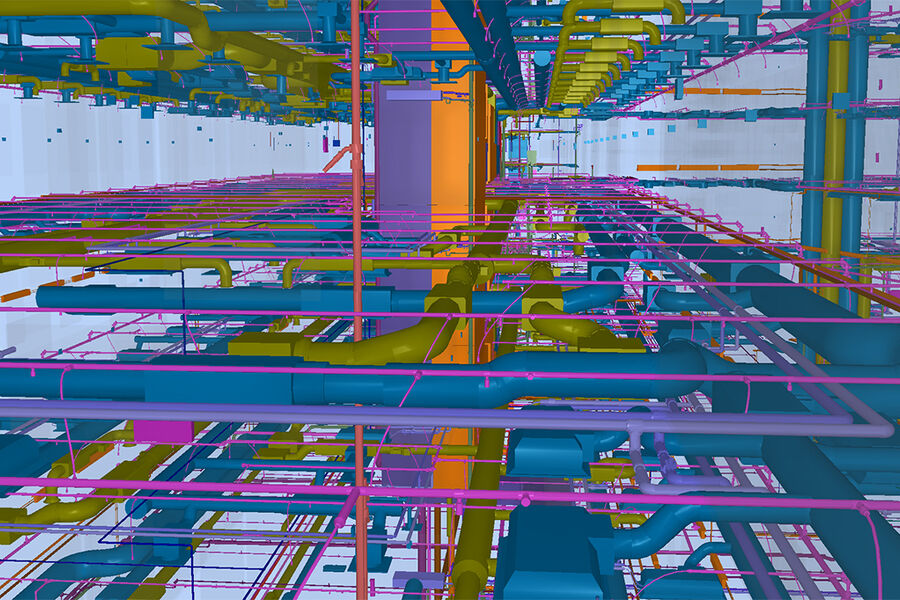 Illustrasjonen viser VVS teknisk infrastruktur i et kontorbygg fra et av Norconsult pågående prosjekterer.