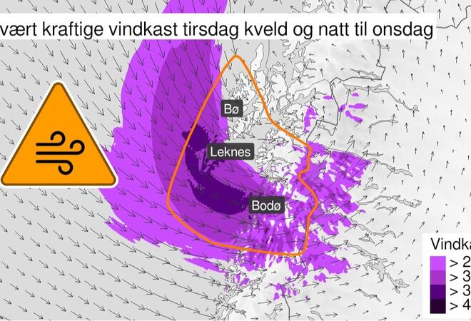 Kartutsnitt Nordland med vindvarsel