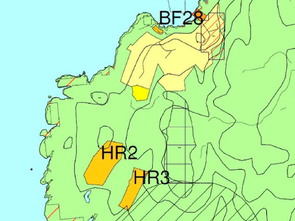 Utsnitt fra kommunedelplan for fritidsbebyggelse. Detaljreguleringen omfatter områdene BF28 og HR3.