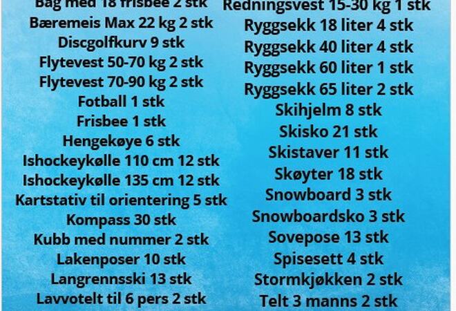 Liste over utstyr i utstyrsbank