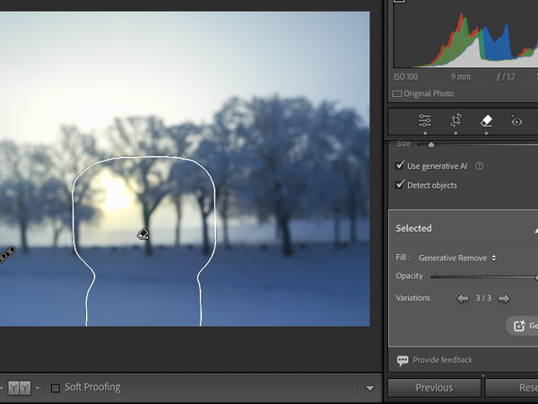 Her ber vi Lightroom om å fjerne et element i forgrunnen av bildet.