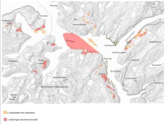 Kartbilde over område som påvirkes av utbedring 5G Røsvik.