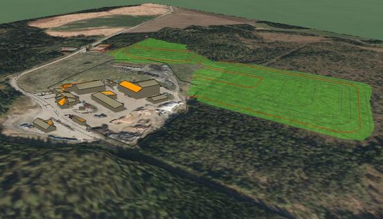 3D illustrasjon av nytt deponi, sett fra sørøst mot nordvest jf. planbeskrivelse reg.plan for Stormyra avfallsanlegg. Trønderplan