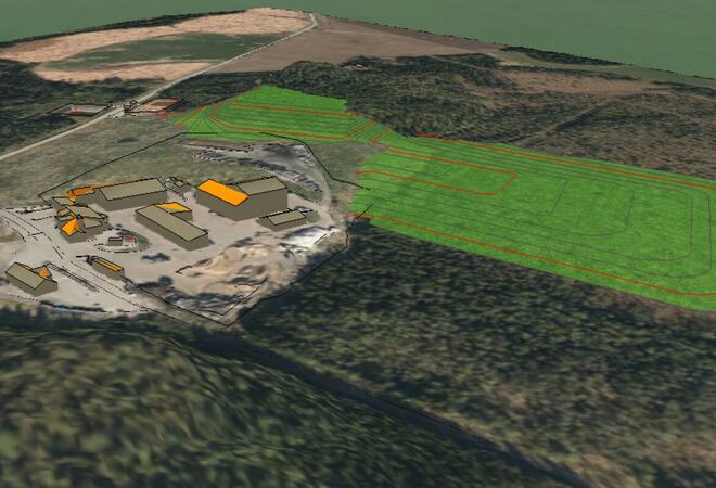 3D illustrasjon av nytt deponi, sett fra sørøst mot nordvest jf. planbeskrivelse reg.plan for Stormyra avfallsanlegg. Trønderplan