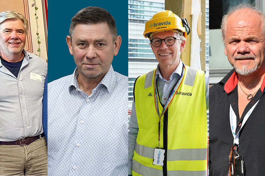 Disse fire personene skal drøfte og debattere innleie-utfordringene under Rørdagen 2025. Fra venstre, Knut Jarle Kvaløy, Bærum Rørleggerbedrift, Erik Berg, VVS Norge, Tore Bakke, Bravida Norge, og Anders Henriksen, Mercur Entreprenør VVS.