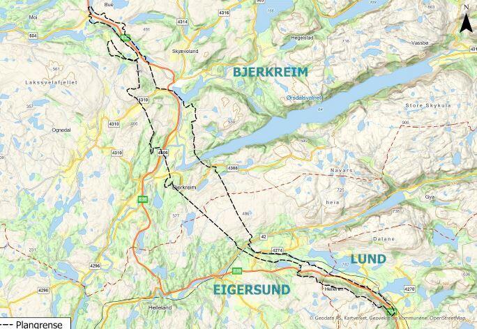 Varslet plangrense for Lund, Eigersund og Bjerkreim kommune