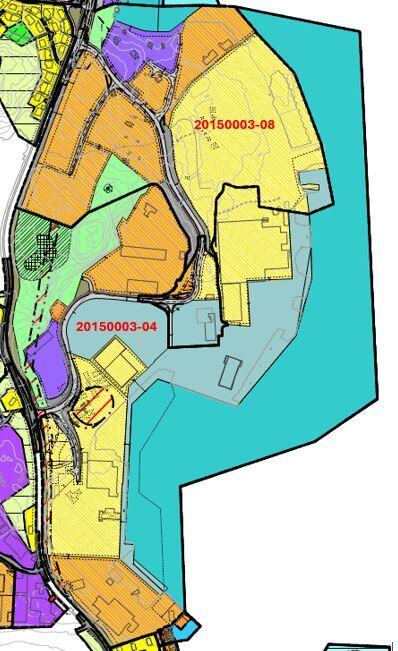 Utsnitt fra kommunens digitale tjeneste viser områdene for planID 20150003-04 og 20150003-08.