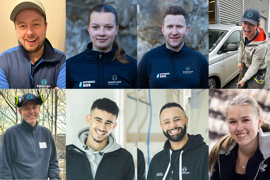 Her ser vi de åtte utvalgte rørleggerne som skal være med i TV-serien. Fra venstre øverst: Lasse - 69 Grader Rør AS, Mari og Lars Anton - Østerhus Rør AS, Vegard - Eidsvoll Rør AS. Nede fra venstre Marius - Eidsvoll Rør, Adam og Hussein - Norsk Rørservice AS, og Ida fra Flis&Bad AS.