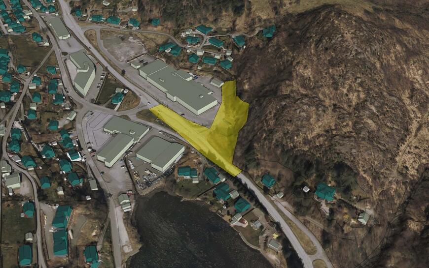 Planområdet sett i 3D-kart - Gul markering er planens avgrensning. Kilde: Planinitiativ for Sokndalsveien 140