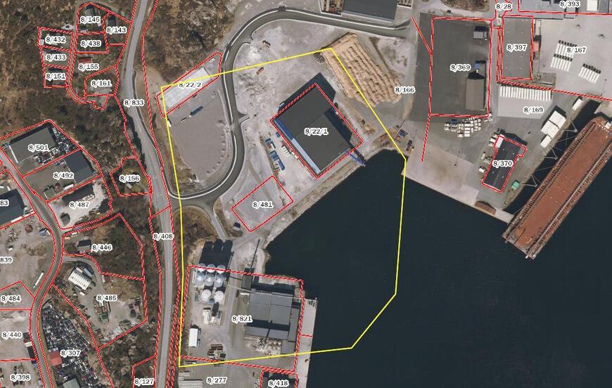 Plan- og næringsområde. Varslingsgrense vist med gul strek Kilde: Planprogram for Kaupanes
