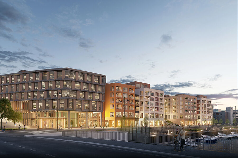 StasjonsKvartalet i Trondheim er et boligprosjekt med hele 234 leiligheter som Veidekke nå skal i gang med på oppdrag fra Bane Nor. Illustrasjon: Sweco