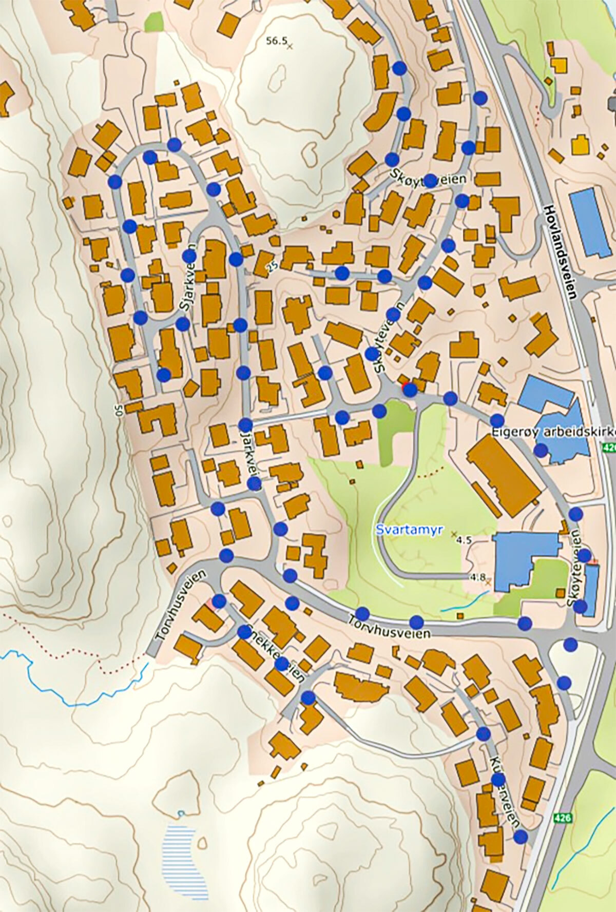 Kart over skøyteveien som viser hvor det står lyktestolper