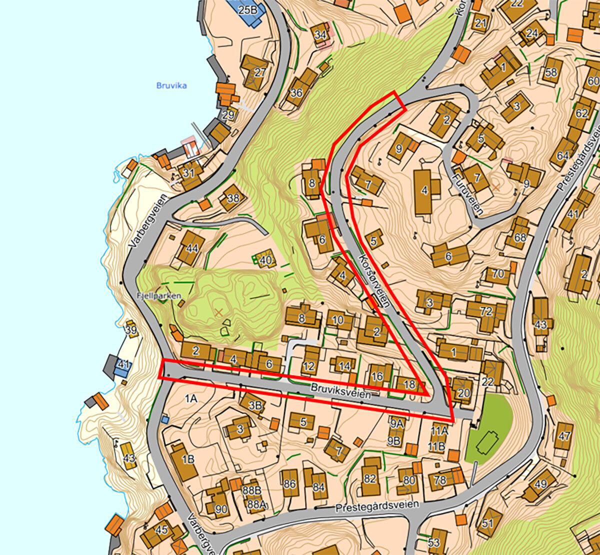 Kart over Bruviksveien og Korsørveien