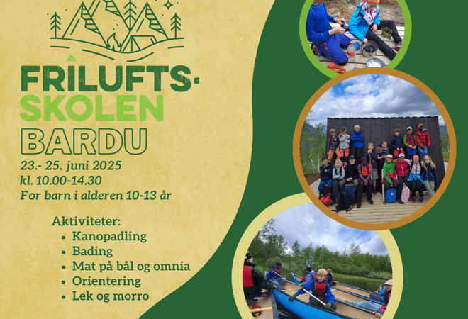 Flyer med informasjon om friluftsskolen i Bardu 2025. Tekst ligger i artikkel