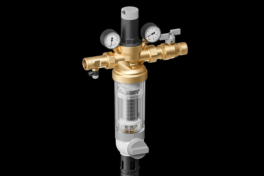 HS10S forener flere sentrale funksjoner i en kompakt enhet: Tilbakeslagsventil (Kategori2), selvrensende finfilter med omvendt spyling, trykkreduksjonsventil og avstengningsventil.