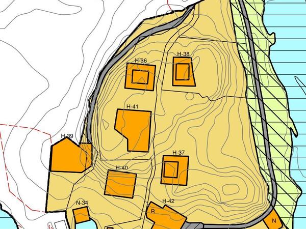 Utsnitt fra gjeldende reguleringsplan. Formålet for H36 justeres til 60m2 og adkomst vei til garasjen tilføres i plankartet. Utsnitt fra gjeldende reguleringsplan. Formålet for H36 justeres til 60m2 og adkomst vei til garasjen tilføres i plankartet.