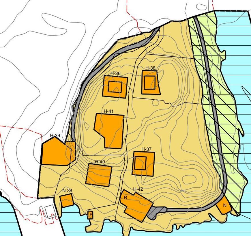 Utsnitt fra gjeldende reguleringsplan. Formålet for H36 justeres til 60m2 og adkomst vei til garasjen tilføres i plankartet.